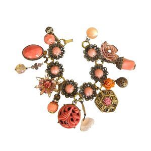 Vintage Assemblage Charm Bracelet Pink Floral OOAK Upcycled Jewelry Statement